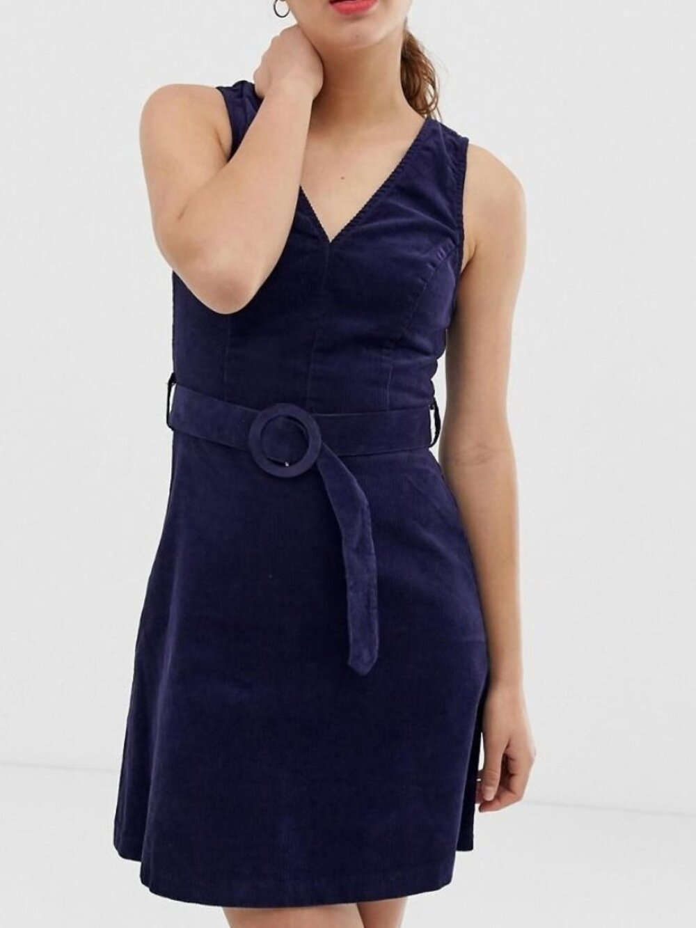 New Look Navy Blue Corduroy Belted Pinafore Dress